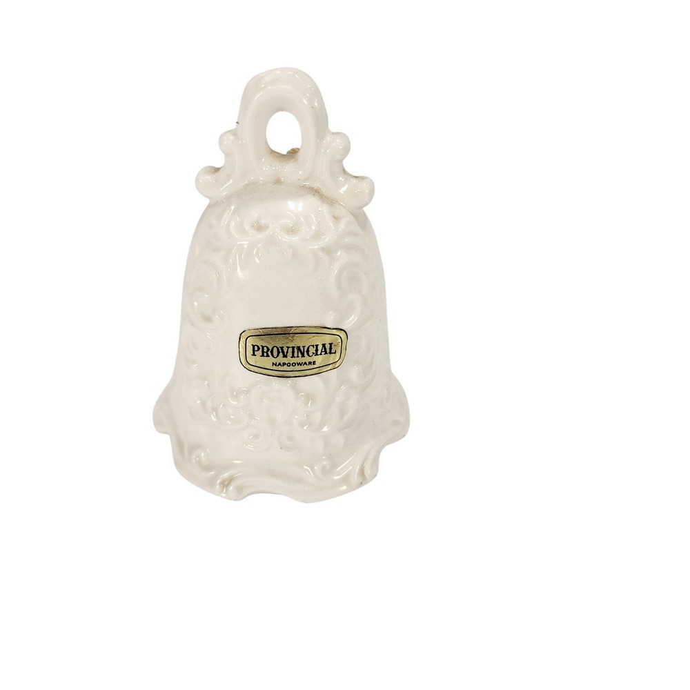 Vintage Provincial Napcoware Ceramic Bell White Embossed Scroll Floral Decor 4"